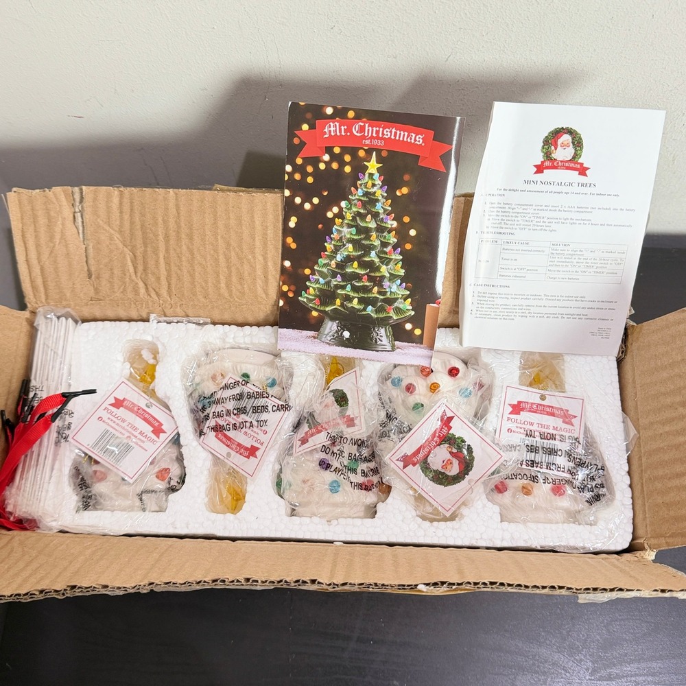 Mr. Christmas Set of 5 Mini Nostalgic Trees White Ceramic 4.5" New in Box